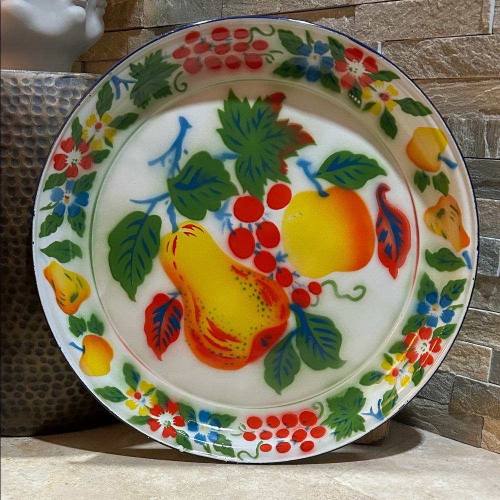 ROSSINI vintage enamelware platter tray w/ fruit design